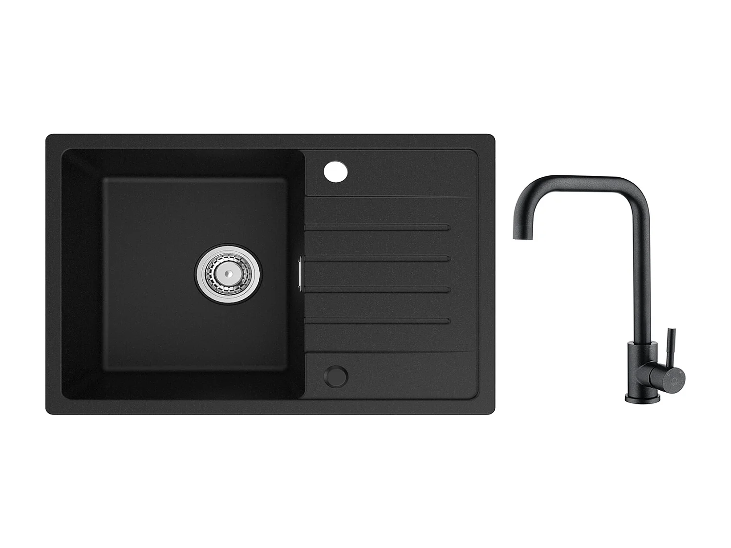Lavello 1 Vasca in Quarzo e Resina - Lavello Nero con Gocciolatoio 78x45cm + Miscelatore Cucina in Acciaio Inox Nero Stellato con Bocca Alta e Curva