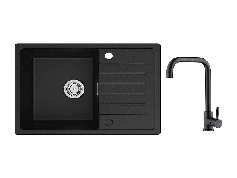 Lavello 1 Vasca in Quarzo e Resina - Lavello Nero con Gocciolatoio 78x45cm + Miscelatore Cucina in Acciaio Inox Nero Stellato con Bocca Alta e Curva