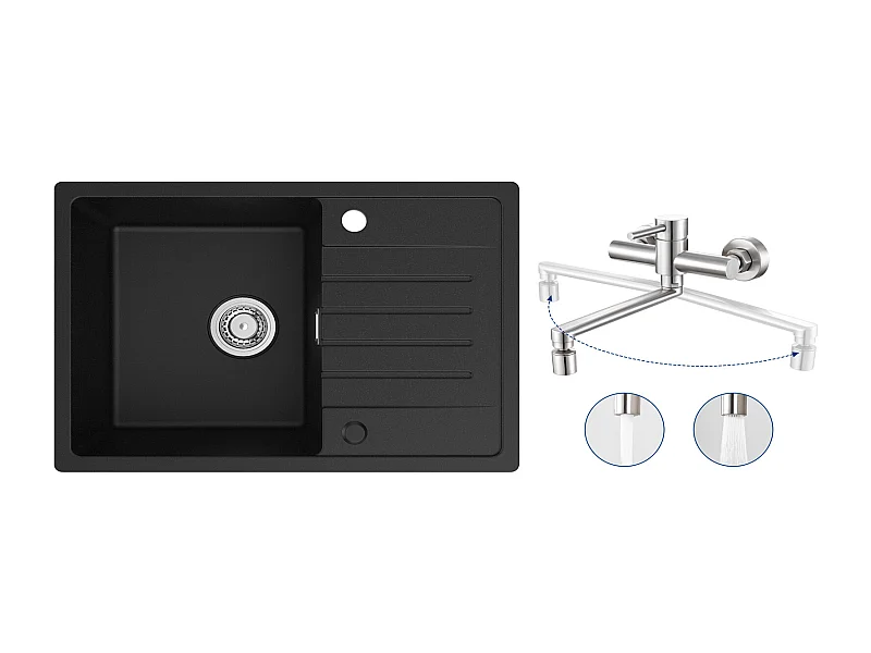 Evier 1 Bac en Quartz et Résine - Noir Evier avec Egouttoir 78x45cm + Mitigeur de Cuisine Mural avec 2 Jets Brossé