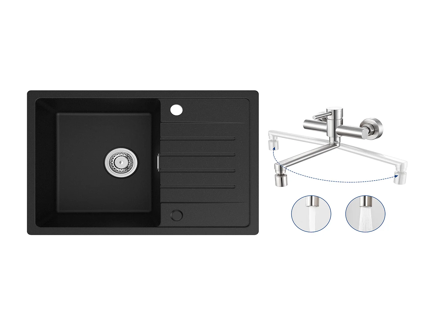 Evier 1 Bac en Quartz et Résine - Noir Evier avec Egouttoir 78x45cm + Mitigeur de Cuisine Mural avec 2 Jets Brossé