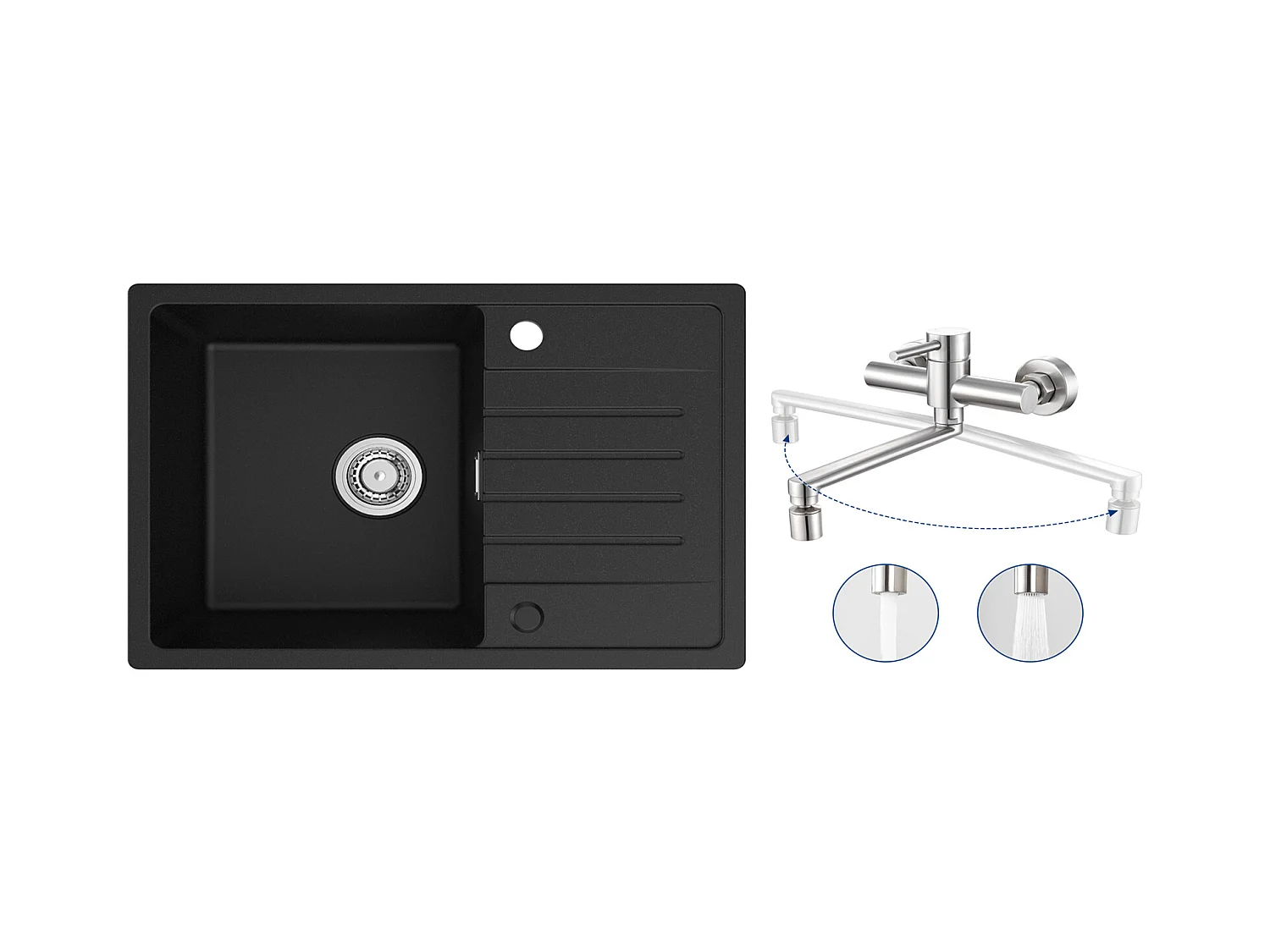 Evier 1 Bac en Quartz et Résine - Noir Evier avec Egouttoir 78x45cm + Mitigeur de Cuisine Mural avec 2 Jets Brossé