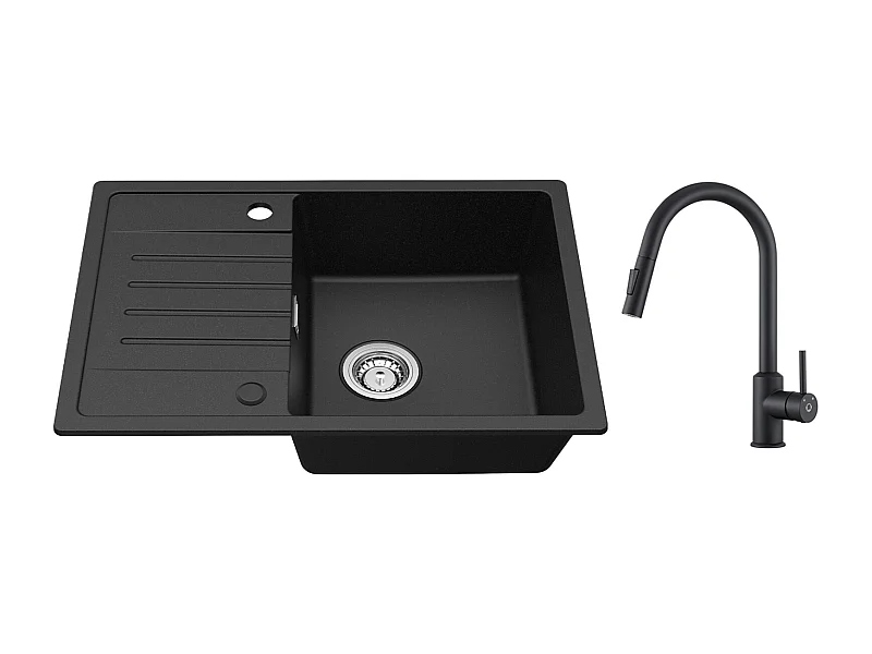 Lavello Cecipa max 1 vasca con gocciolatoio Lavello incasso in quarzo e resina Nero 65x45cm + Miscelatore con doccetta estraibile ruotabile a 360° Nero