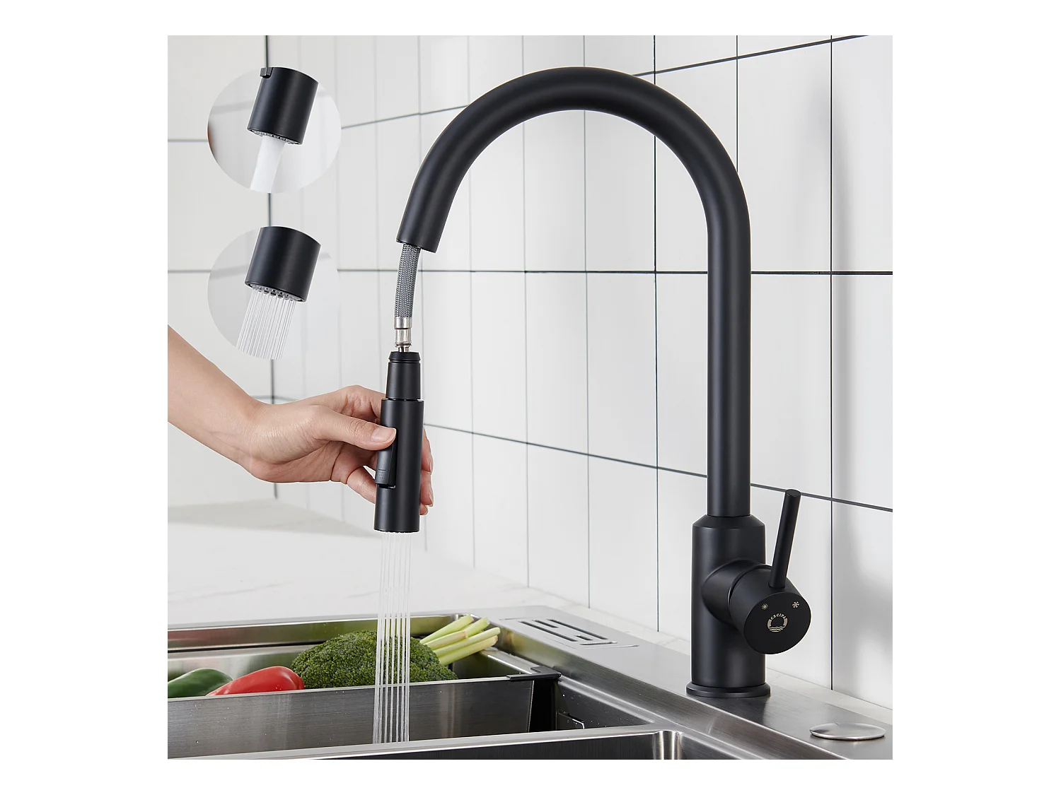 Cecipa max Evier 1 Bac avec Egouttoir Evier à encastrer Quartz et résine Noir 65x45cm + Mitigeur avec Douchette Extractible Rotatif à 360 ° Noir