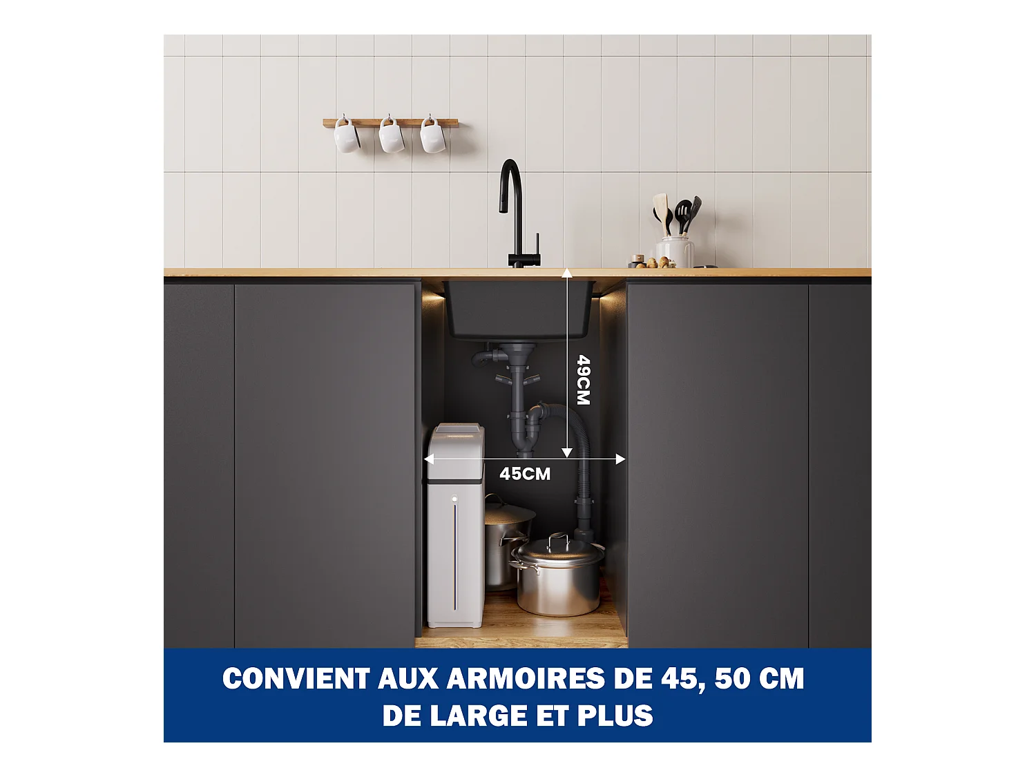 Cecipa MAX Evier 1 Bac en Quartz et Résine Noir 45x45cm Evier à Encastrer + Mitigeur avec Douchette Extractible, Noir