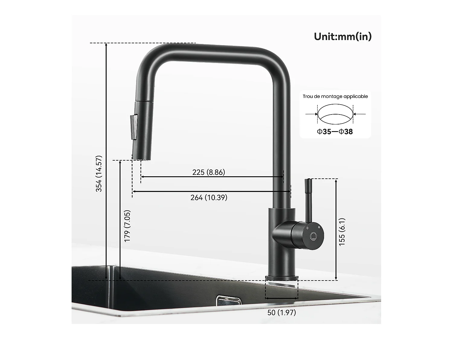 Cecipa MAX Evier 1 Bac en Quartz et Résine Noir 45x45cm Evier à Encastrer + Mitigeur avec Douchette Extractible, Noir