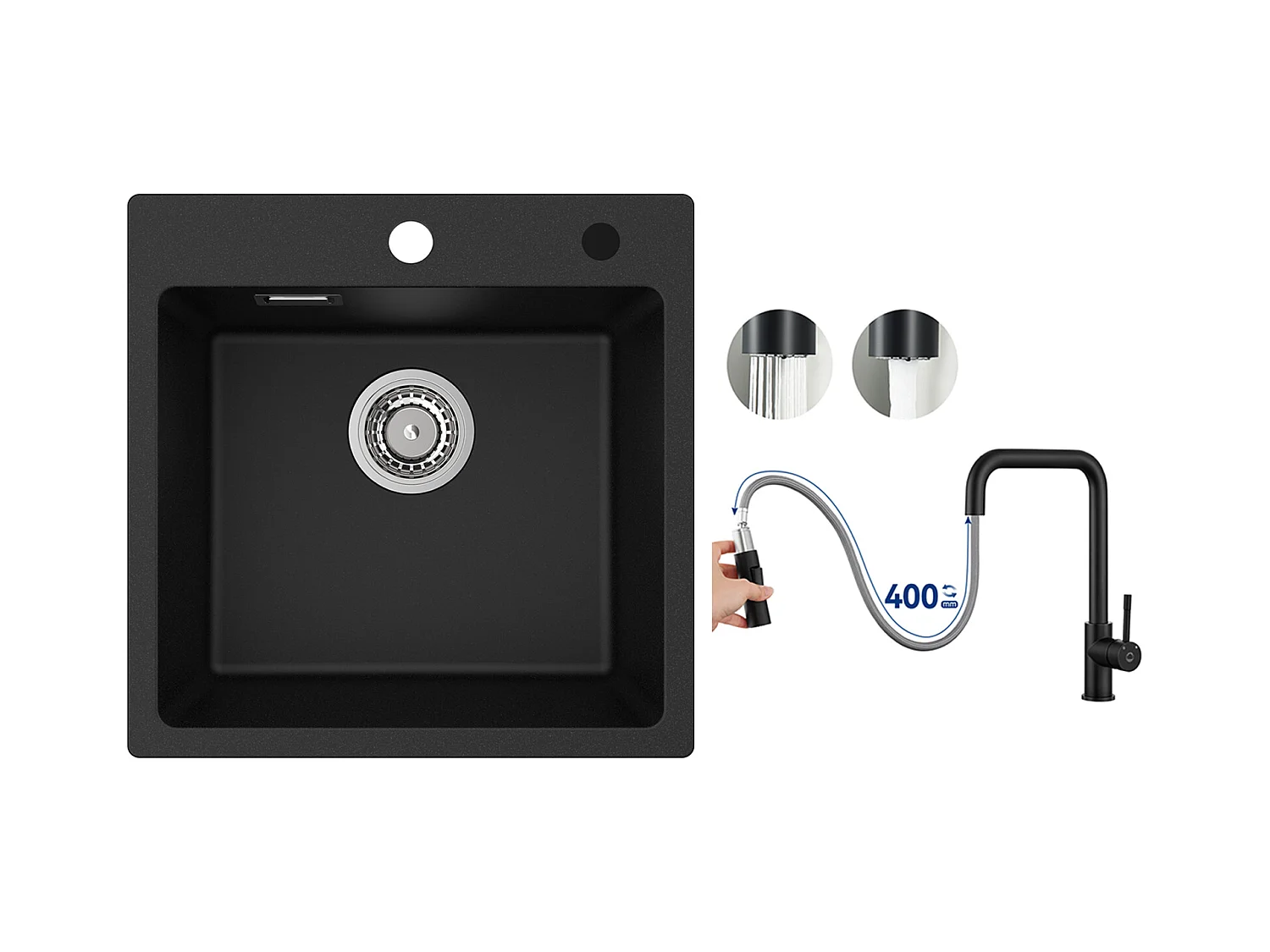 Cecipa MAX Evier 1 Bac en Quartz et Résine Noir 45x45cm Evier à Encastrer + Mitigeur avec Douchette Extractible, Noir
