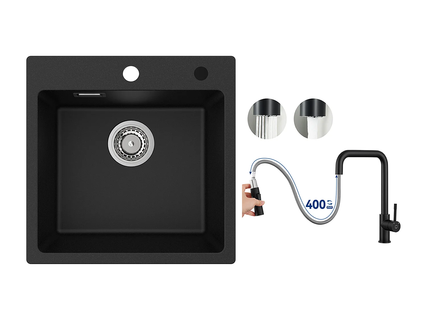 Cecipa MAX Lavello 1 Vasca in Quarzo e Resina Nera 45x45cm Lavello Incasso + Miscelatore con Doccia Estraibile, Nero
