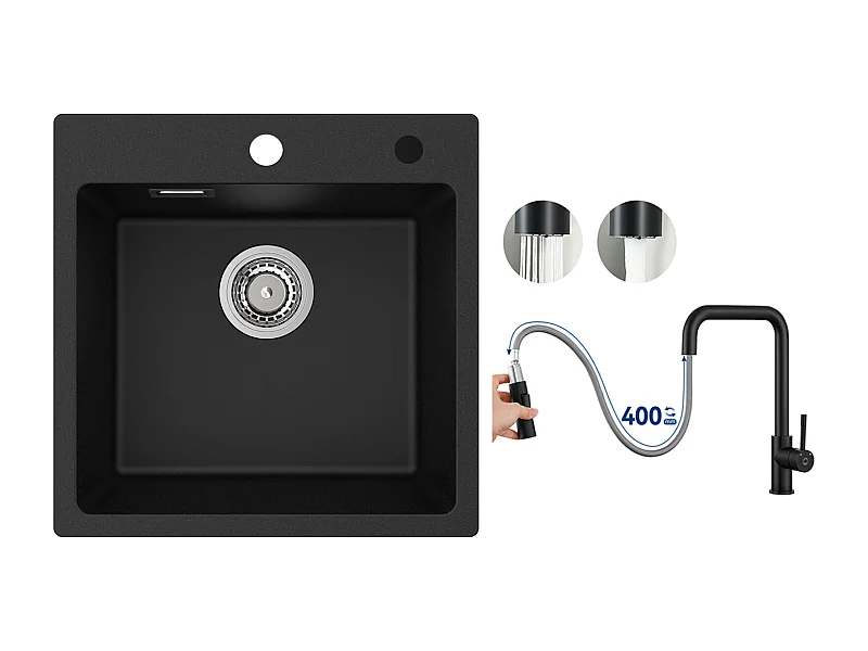 Cecipa MAX Evier 1 Bac en Quartz et Résine Noir 45x45cm Evier à Encastrer + Mitigeur avec Douchette Extractible, Noir