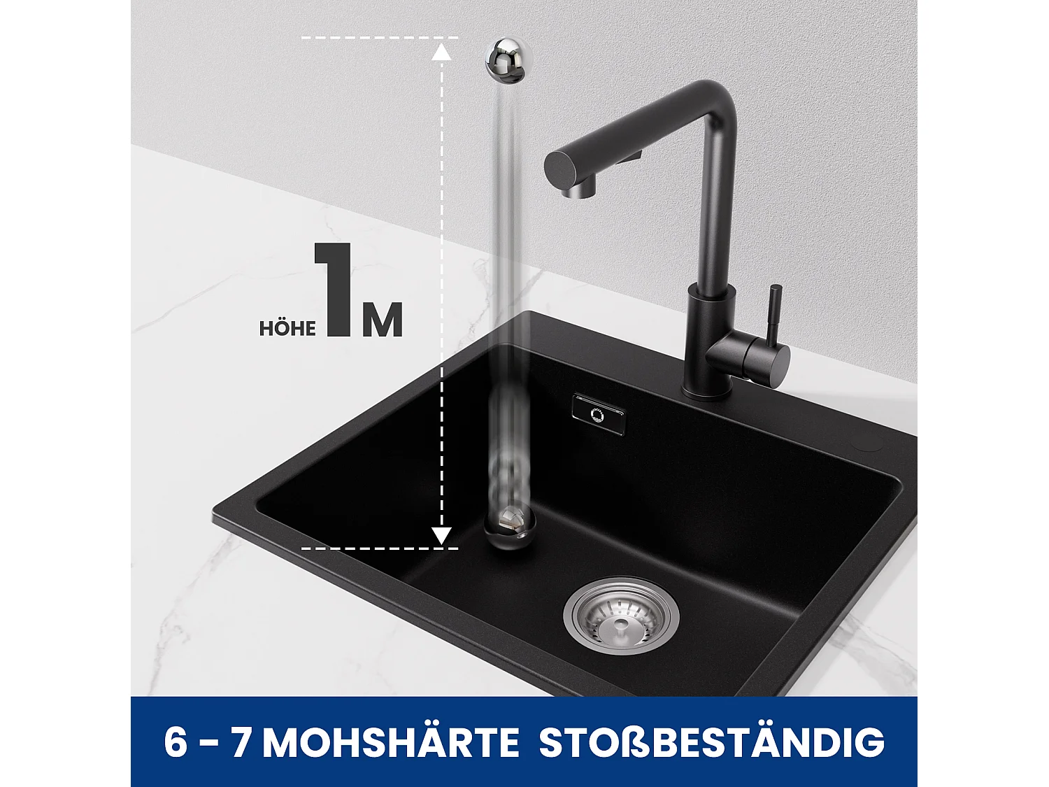 Cecipa max Evier Quartz Noir 50x45cm Evier 1 Bac en Quartz Evier de Cuisine en Granit  + Mitigeur Cuisine à Ressort Noir avec Douchette Extractible