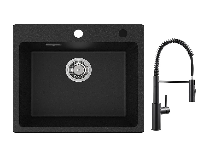 Cecipa max Fregadero de cuarzo negro 50x45 cm Fregadero de cuarzo de 1 seno Fregadero de granito + Mezclador de cocina de resorte negro con ducha extraíble