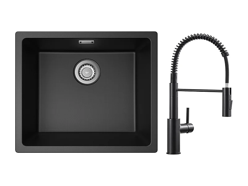 CECIPA MAX Evier 1 Bac en Quartz et Résine Noir Gris 50*44*20cm + Mitigeur de Cuisine à Ressort Noir avec Douchette Extractible