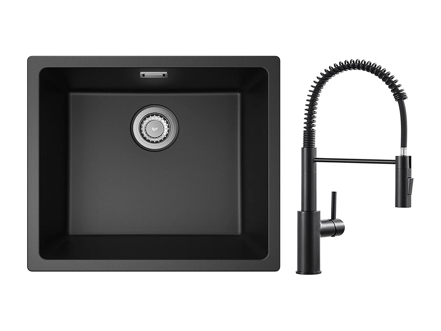 CECIPA MAX Evier 1 Bac en Quartz et Résine Noir Gris 50*44*20cm + Mitigeur de Cuisine à Ressort Noir avec Douchette Extractible