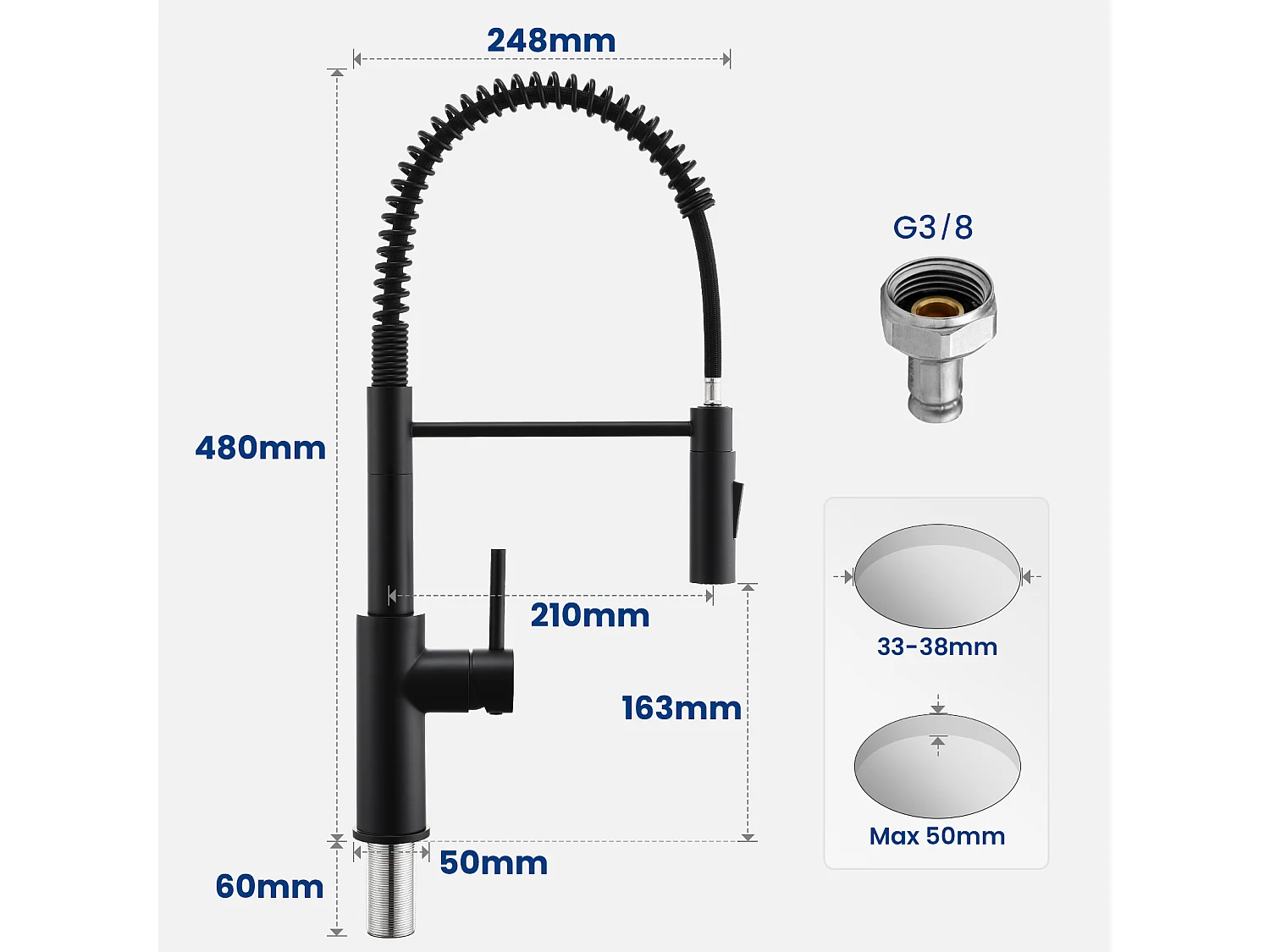 CECIPA MAX Evier 1 Bac en Quartz et Résine Noir Gris 50*44*20cm + Mitigeur de Cuisine à Ressort Noir avec Douchette Extractible