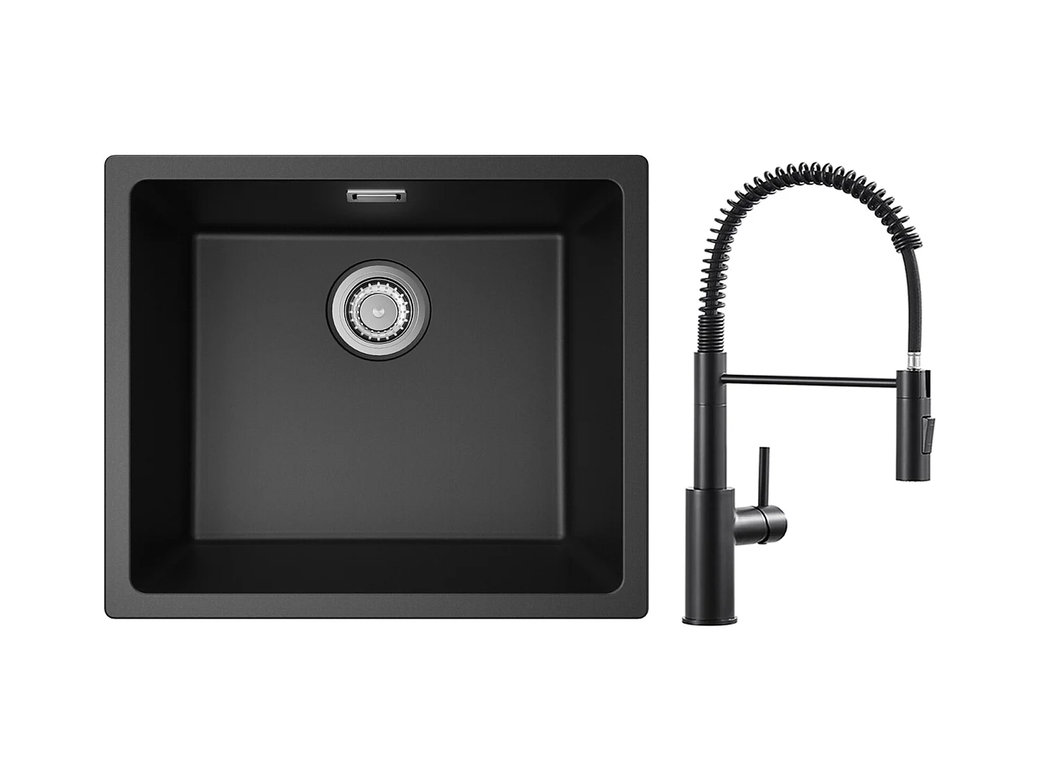 CECIPA MAX Evier 1 Bac en Quartz et Résine Noir Gris 50*44*20cm + Mitigeur de Cuisine à Ressort Noir avec Douchette Extractible