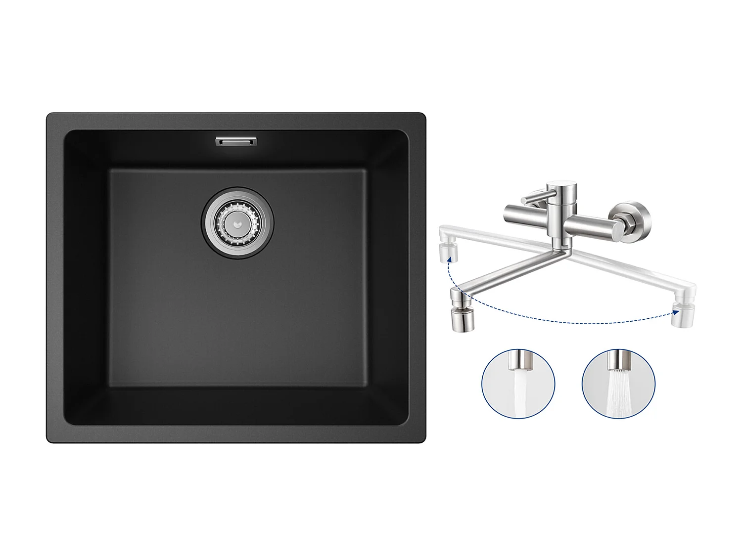 Evier 1 Bac en Quartz et Résine, 3 Options de Montage, 50*44*20cm + Mitigeur de Cuisine Mural avec 2 Jets Brossé