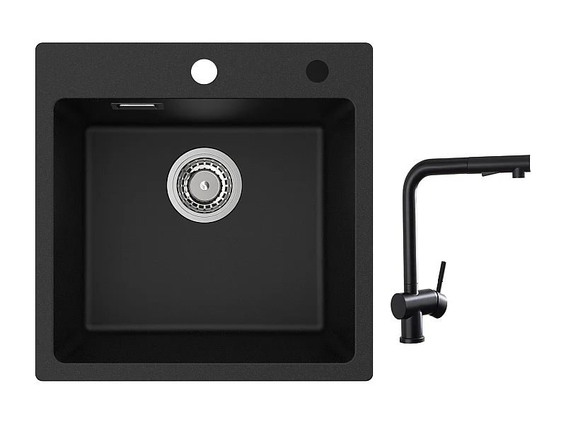 Cecipa max 45x45cm Evier Quartz Noir Evier 1 Bac en Quartz et Résine Evier de Cuisine + Robinets avec Douchette Extractible, Mitigeur d'évier Noir