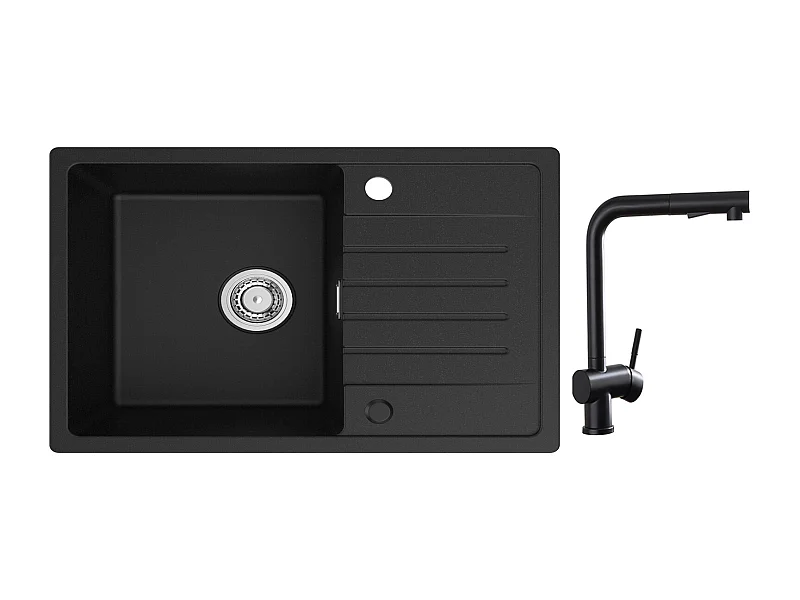 Cecipa max 78x45cm Evier 1 Bac avec Egouttoir Evier à encastrer Quartz et résine Noir + Robinets avec Douchette Extractible, Mitigeur d'évier Noir