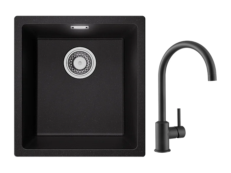 Evier 1 Bac en Quartz et Résine, 3 Options de Montage, 40*44*20cm + Mitigeur de Cuisine en Inox Noir