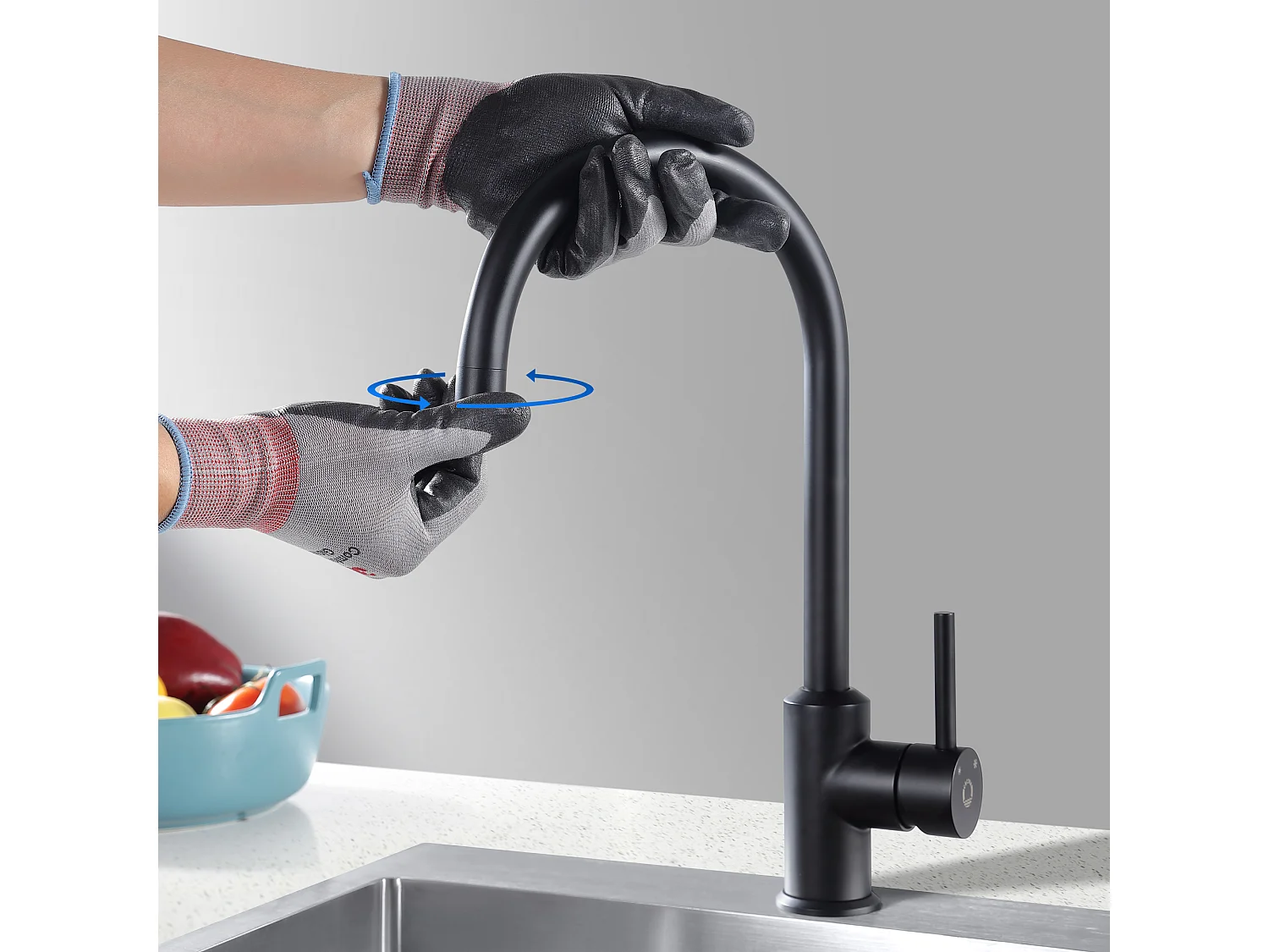 Evier 1 Bac en Quartz et Résine, 3 Options de Montage, 40*44*20cm + Mitigeur de Cuisine en Inox Noir