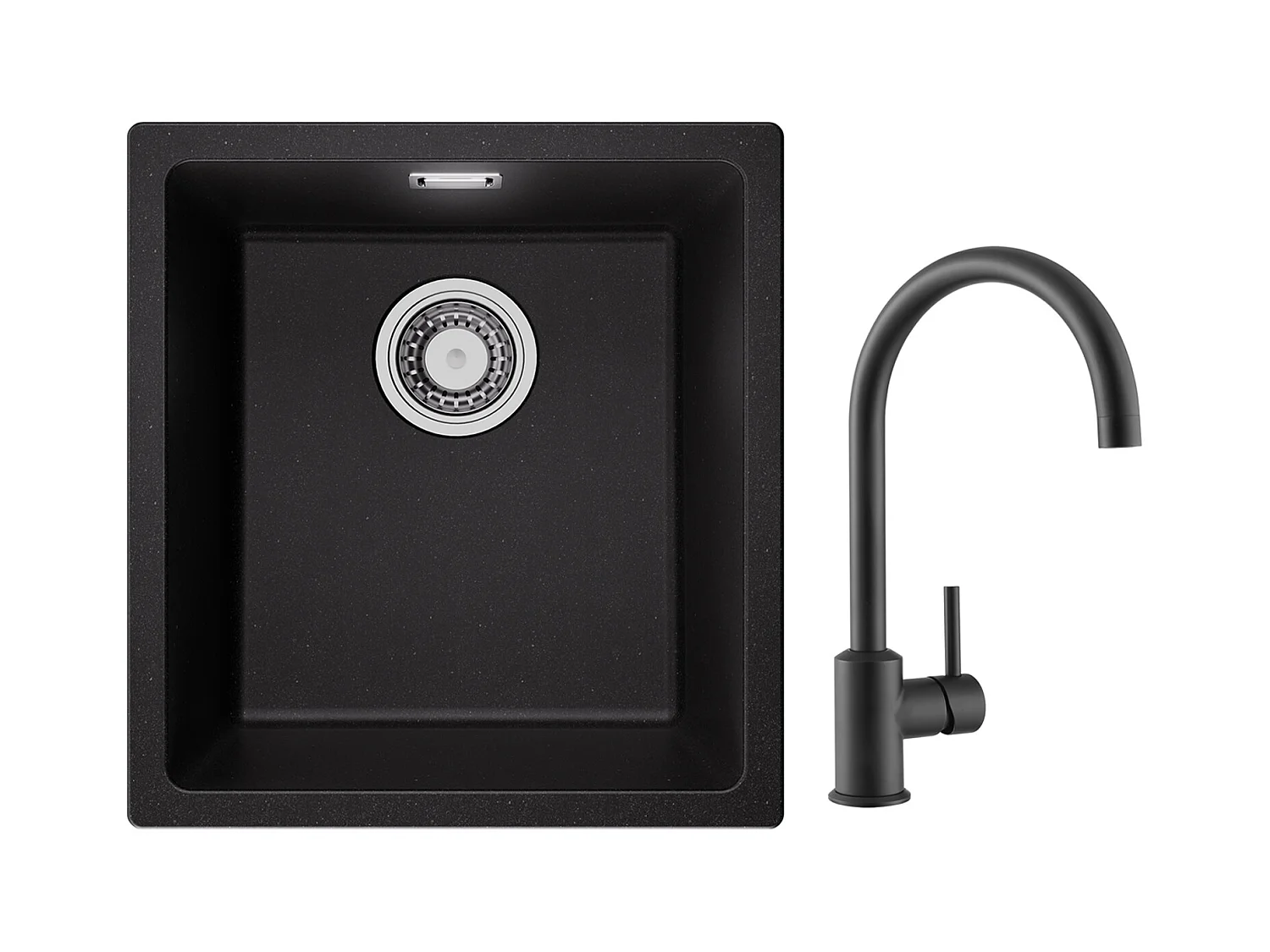 Evier 1 Bac en Quartz et Résine, 3 Options de Montage, 40*44*20cm + Mitigeur de Cuisine en Inox Noir