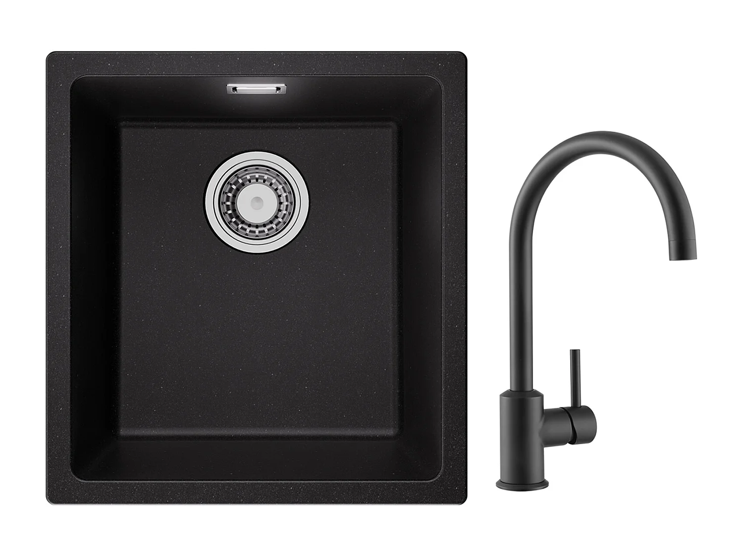 Evier 1 Bac en Quartz et Résine, 3 Options de Montage, 40*44*20cm + Mitigeur de Cuisine en Inox Noir