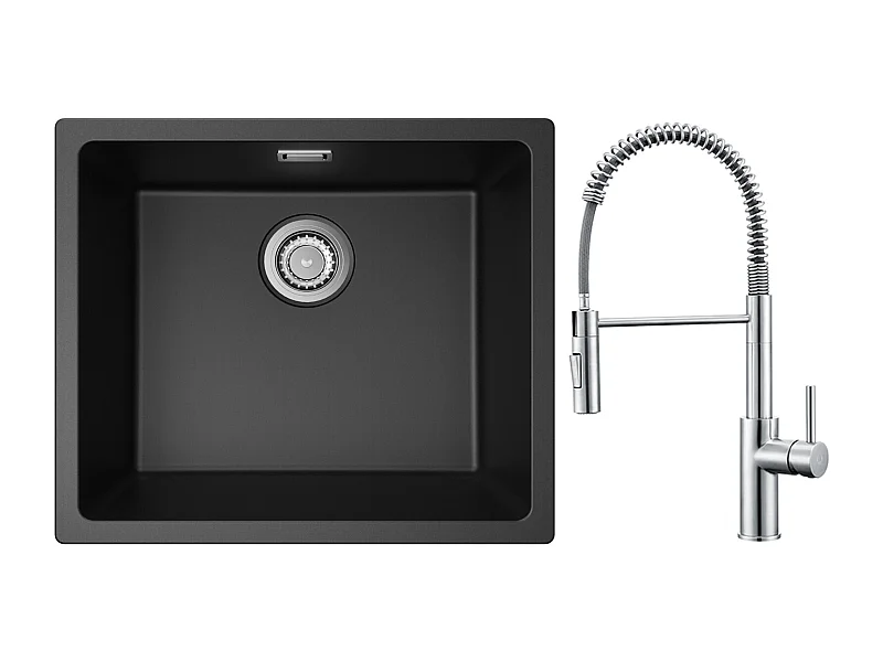 CECIPA MAX Evier 1 Bac en Quartz et Résine Noir Gris 50*44*20cm + Mitigeur de Cuisine à Ressort Brossé avec Douchette Extractible