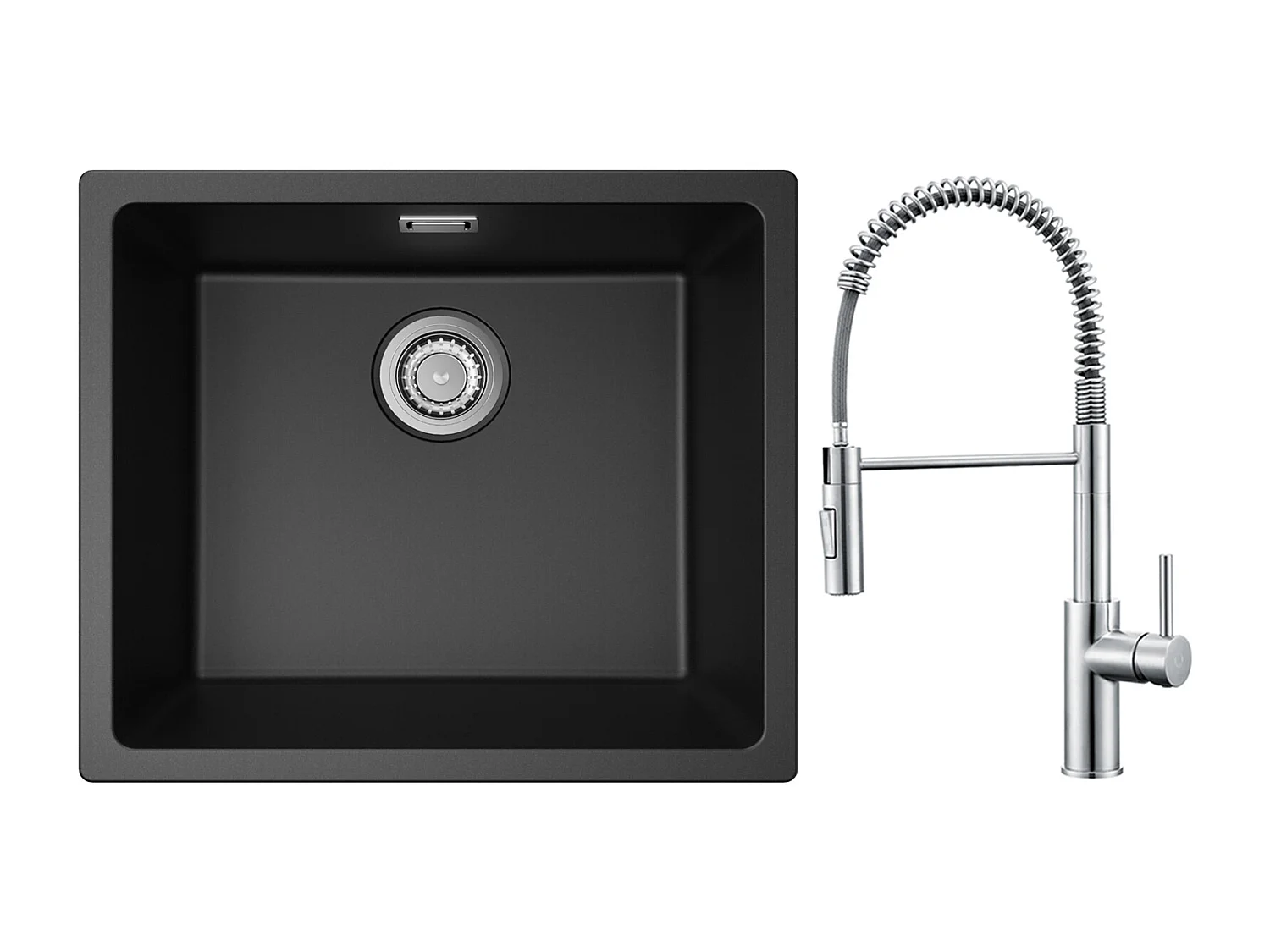 CECIPA MAX Lavello 1 Vasca in Quarzo e Resina Nero Grigio 50*44*20cm + Miscelatore Cucina Molla Spazzolata con Doccia Estraibile