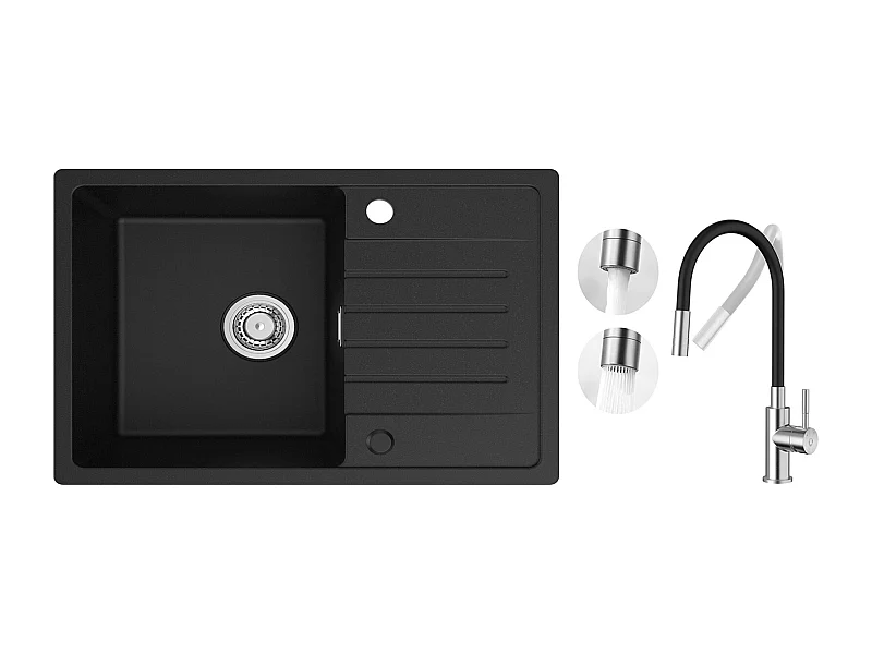 spoelbak met afdruiprek, 78x45cm spoelbak van kwarts en zwarte hars + flexibele keukenmengkraan, 2 soorten jets, geborstelde uittrekbare kraan