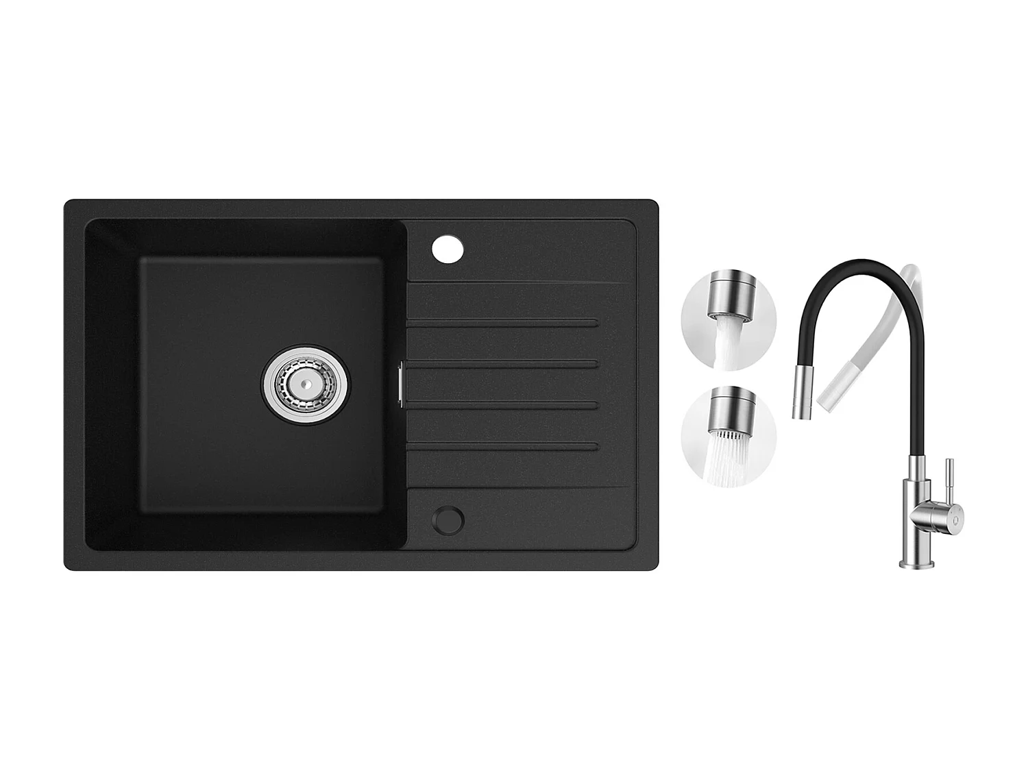 Lavello 1 Vasca con Gocciolatoio, Lavello in Quarzo e Resina Nera 78x45cm + Miscelatore Cucina Flessibile, 2 Tipologie di Getti, Rubinetto Estraibile Spazzolato