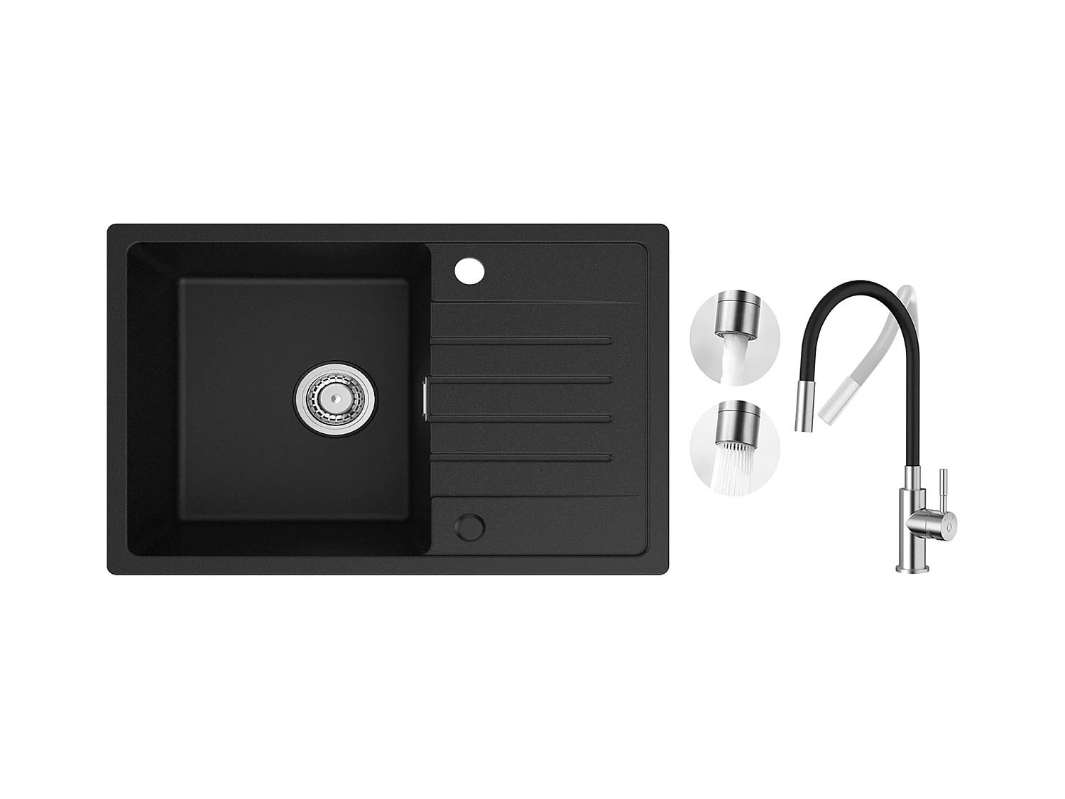 Evier 1 Bac avec Egouttoir, 78x45cm Evier en Quartz et résine Noir + Flexible Mitigeur de Cuisine, 2 Types de Jets  Robinet Extractible Brossé