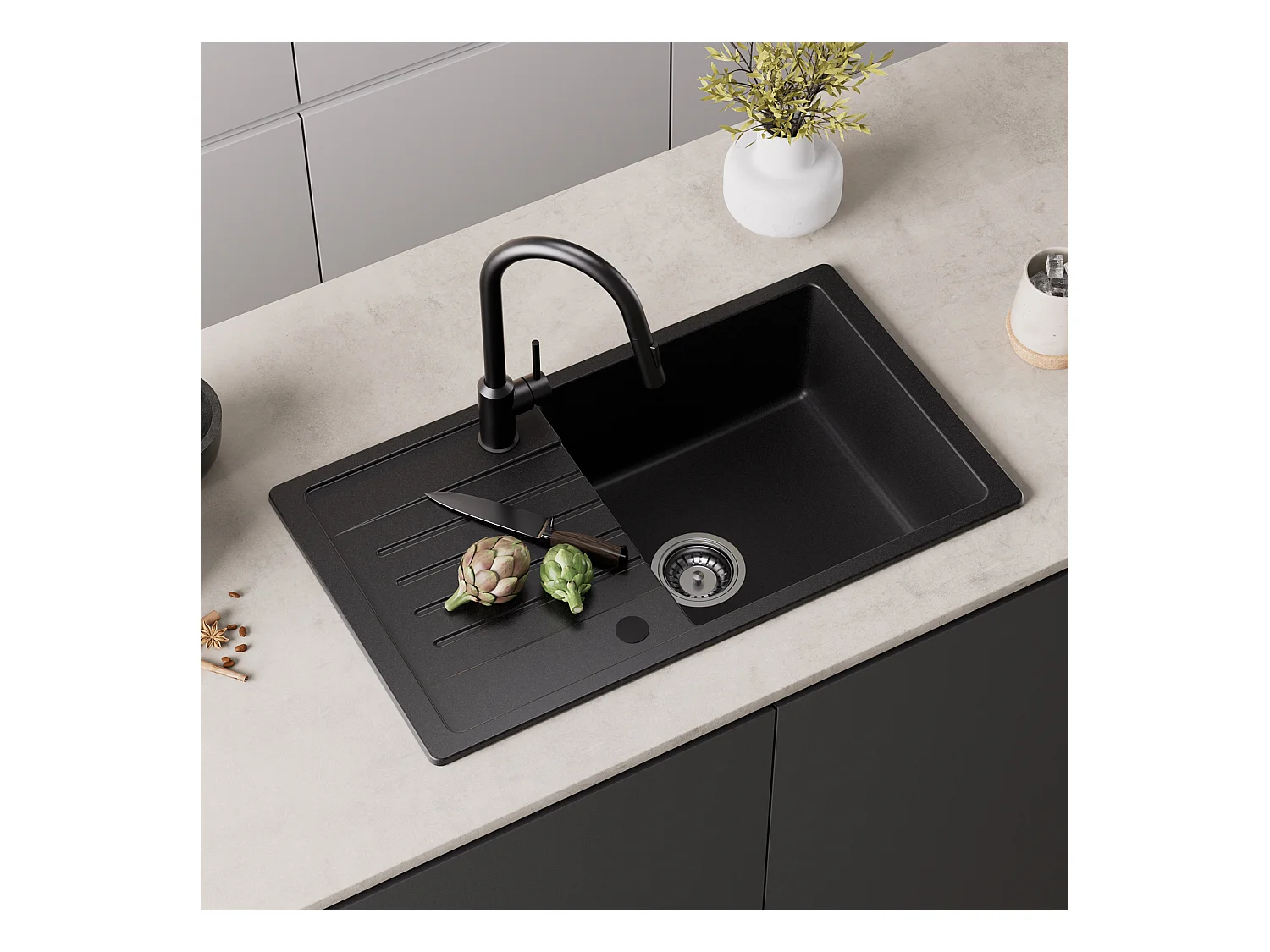Evier 1 Bac avec Egouttoir, 78x45cm Evier en Quartz et résine Noir + Flexible Mitigeur de Cuisine, 2 Types de Jets  Robinet Extractible Brossé