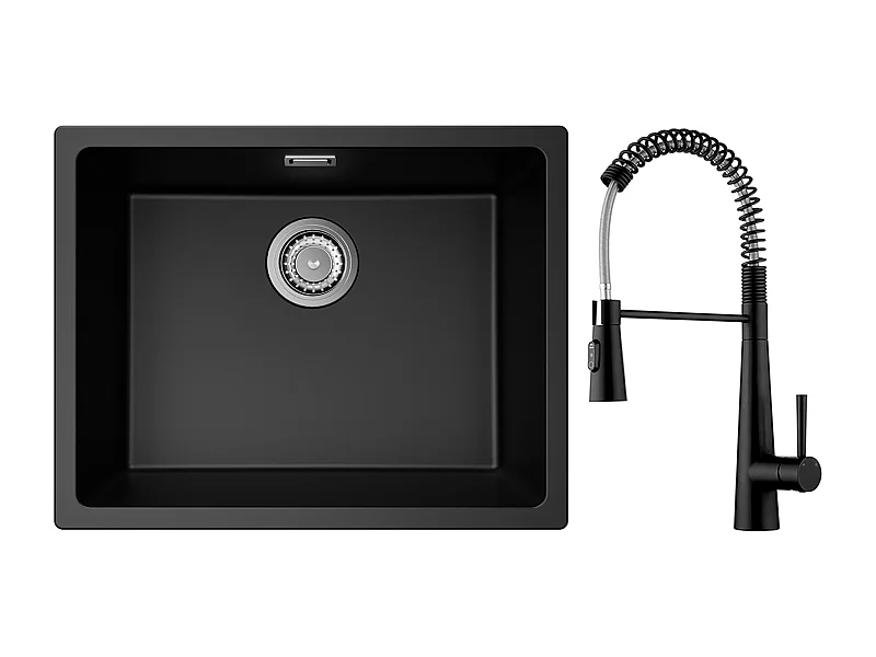 CECIPA MAX Fregadero 1 Seno de Cuarzo y Resina Negro Gris 55*44*20cm + Mezclador de Cocina con Muelle y 3 Modos de Salida de Agua, Negro