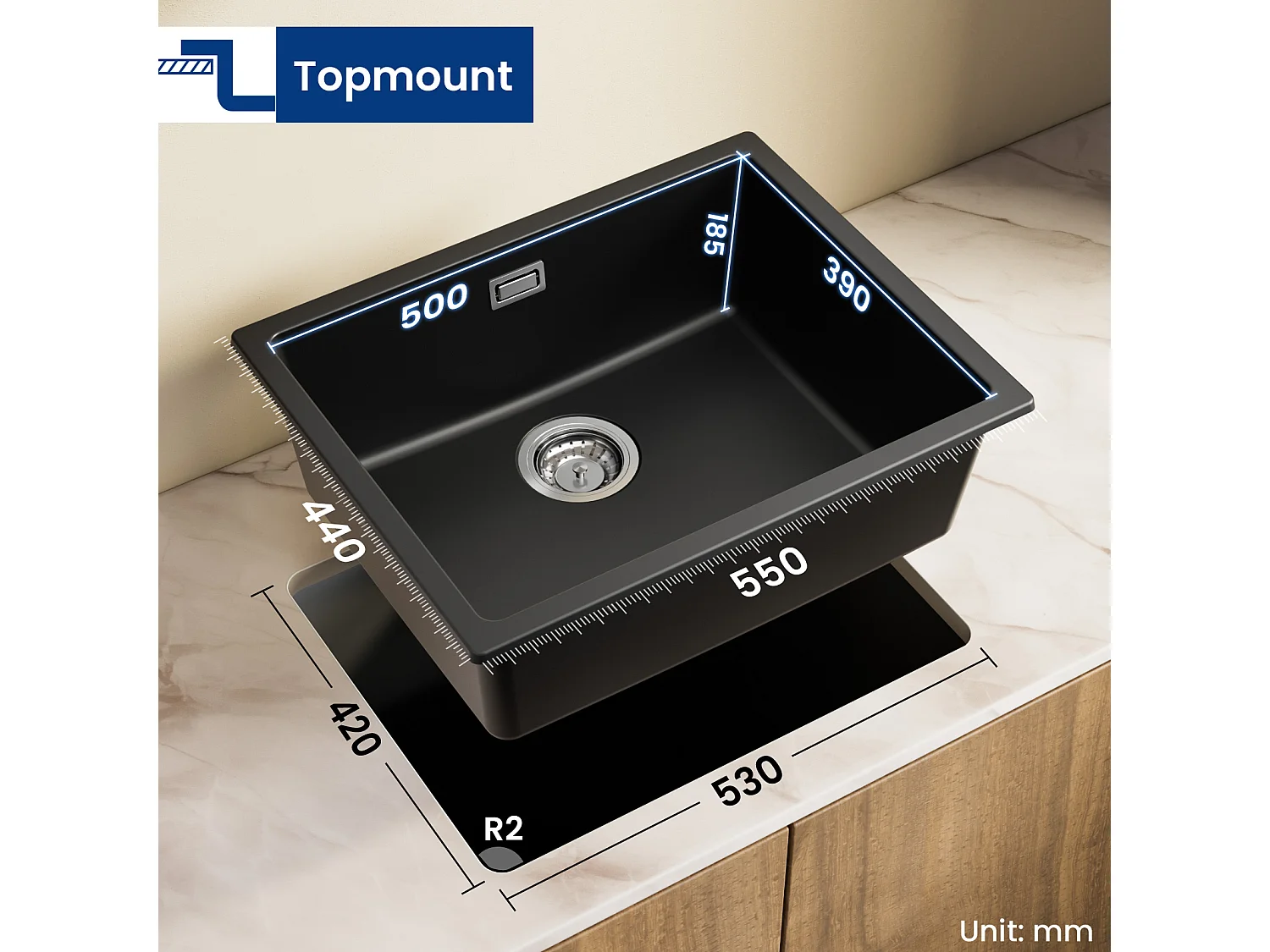 CECIPA MAX Evier 1 Bac en Quartz et Résine Noir Gris 55*44*20cm + Mitigeur de Cuisine à Ressort avec 3 Modes de Sortie D'eau, Noir