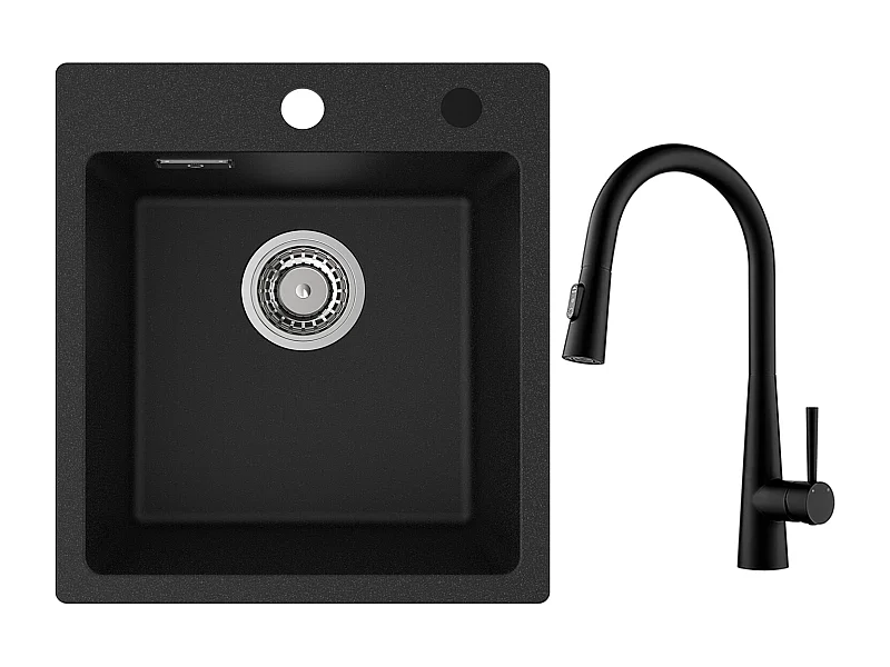 Cecipa max Evier de Cuisine en Quartz et Résine 40x45cm Evier Quartz 1 Bac Noir + Mitigeur avec Douchette Extractible, 3 Modes de Sortie D'eau, Noir