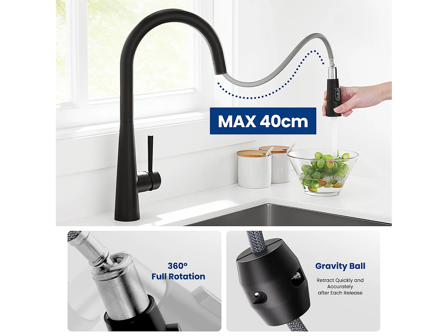 Cecipa max Evier de Cuisine en Quartz et Résine 40x45cm Evier Quartz 1 Bac Noir + Mitigeur avec Douchette Extractible, 3 Modes de Sortie D'eau, Noir