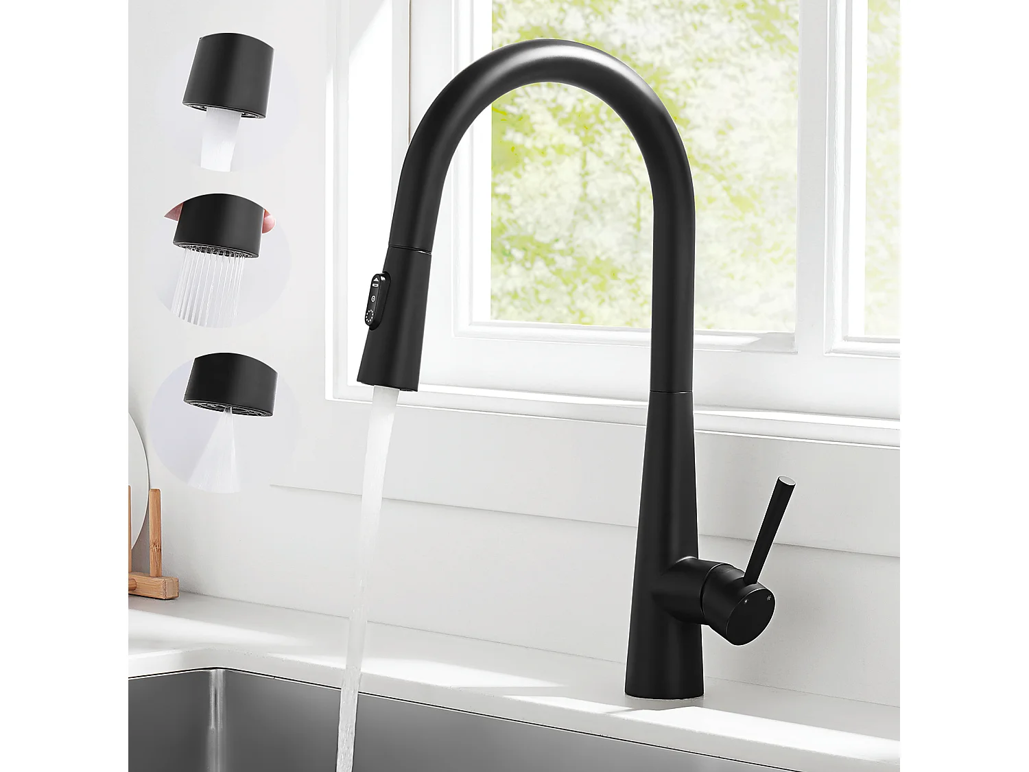 Cecipa max keukenspoelbak in kwarts en hars 40x45cm kwartsspoelbak 1 zwarte kom + mixer met uittrekbare spray, 3 waterafvoermodi, zwart