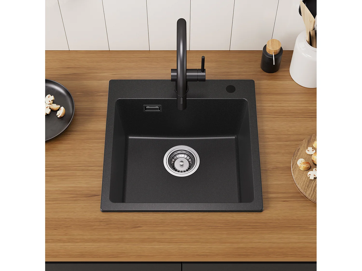 Fregadero Cecipa MAX 1 seno en cuarzo y resina negra 45x45 cm fregadero encastrable + mezclador de cocina de acero inoxidable negro estrellado