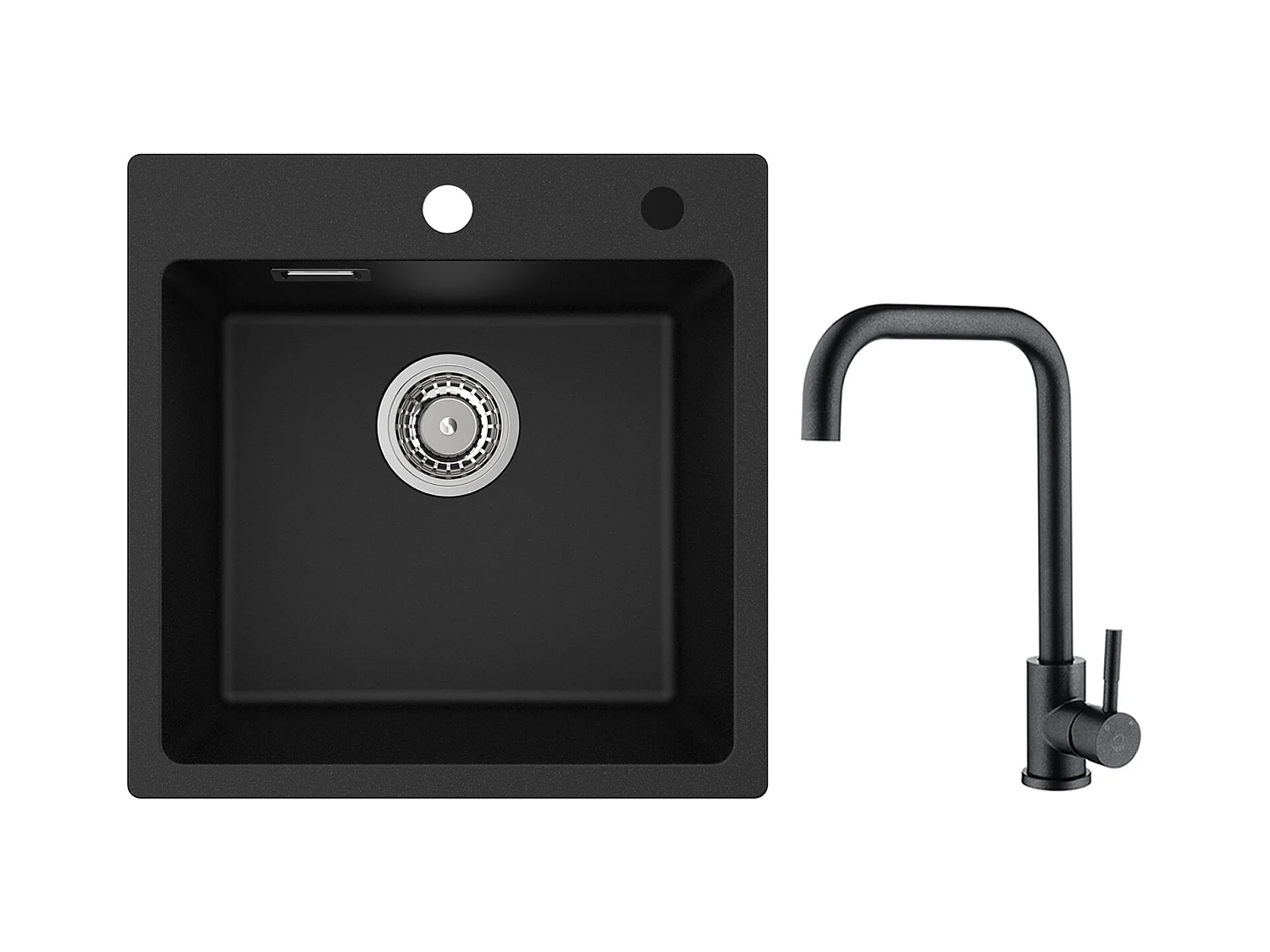 Cecipa MAX Evier 1 Bac en Quartz et Résine Noir 45x45cm Evier à Encastrer + Mitigeur de Cuisine en Inox Noir étoilé