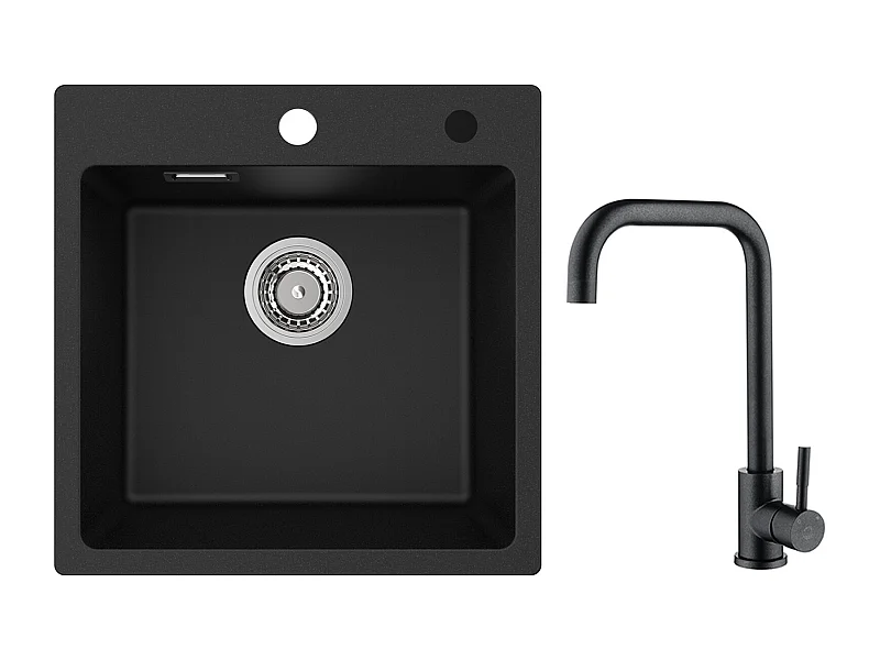 Cecipa MAX Evier 1 Bac en Quartz et Résine Noir 45x45cm Evier à Encastrer + Mitigeur de Cuisine en Inox Noir étoilé