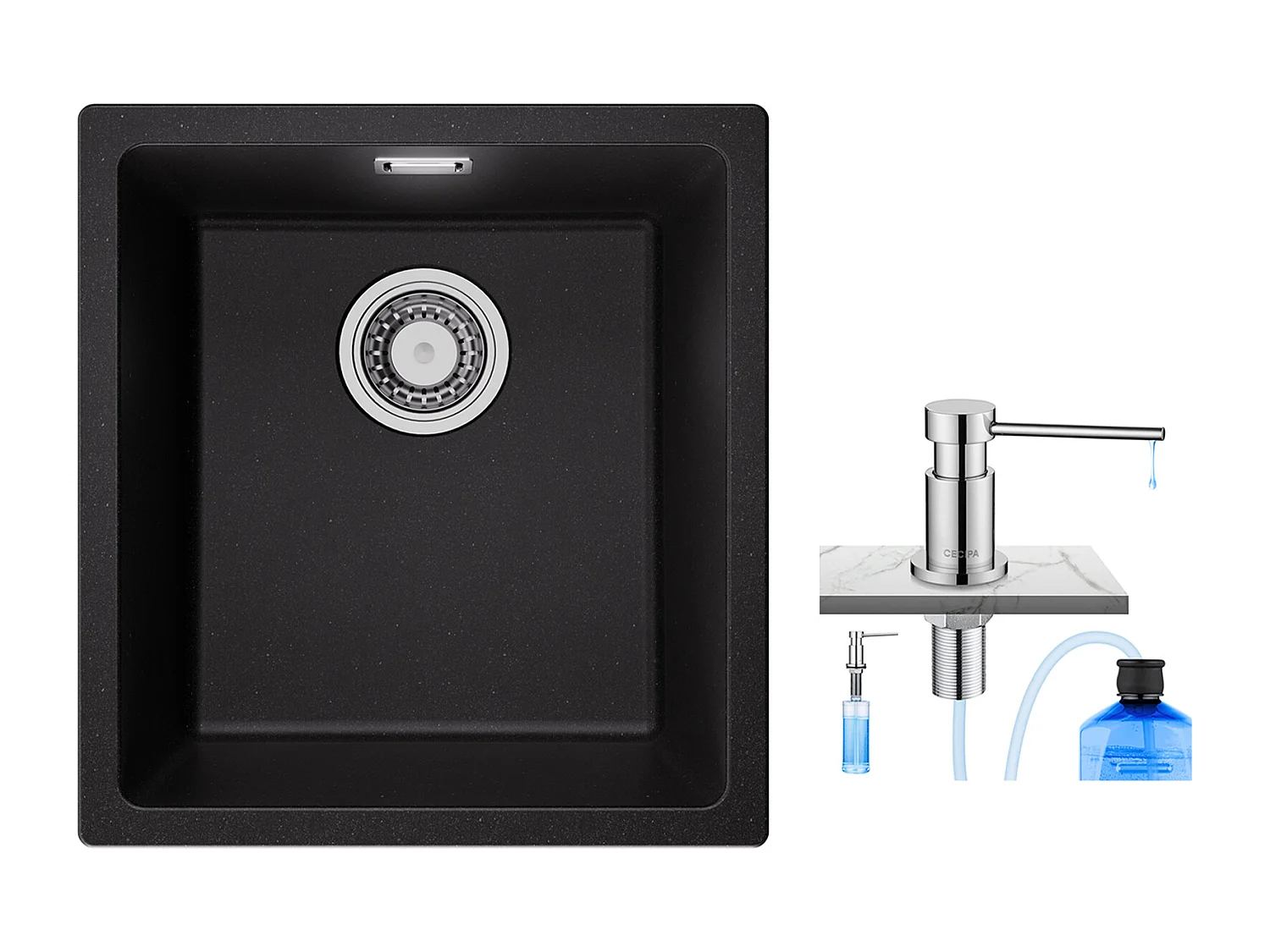 CECIPA MAX Evier 1 Bac en Quartz et Résine, 3 Options de Montage, 40*44*20cm + 300ML Distributeur de Savon de Cuisine Chromé