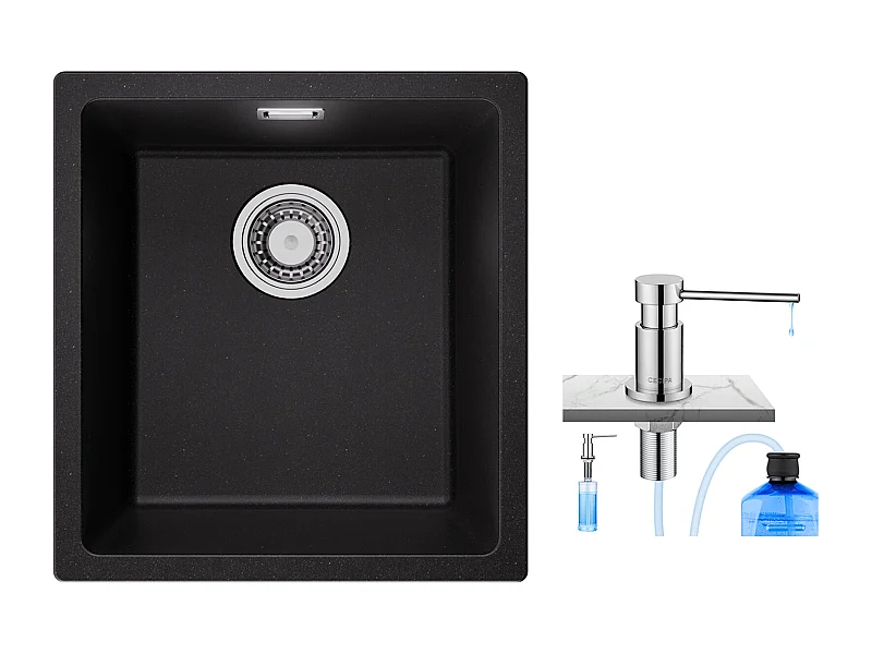 CECIPA MAX Evier 1 Bac en Quartz et Résine, 3 Options de Montage, 40*44*20cm + 300ML Distributeur de Savon de Cuisine Chromé