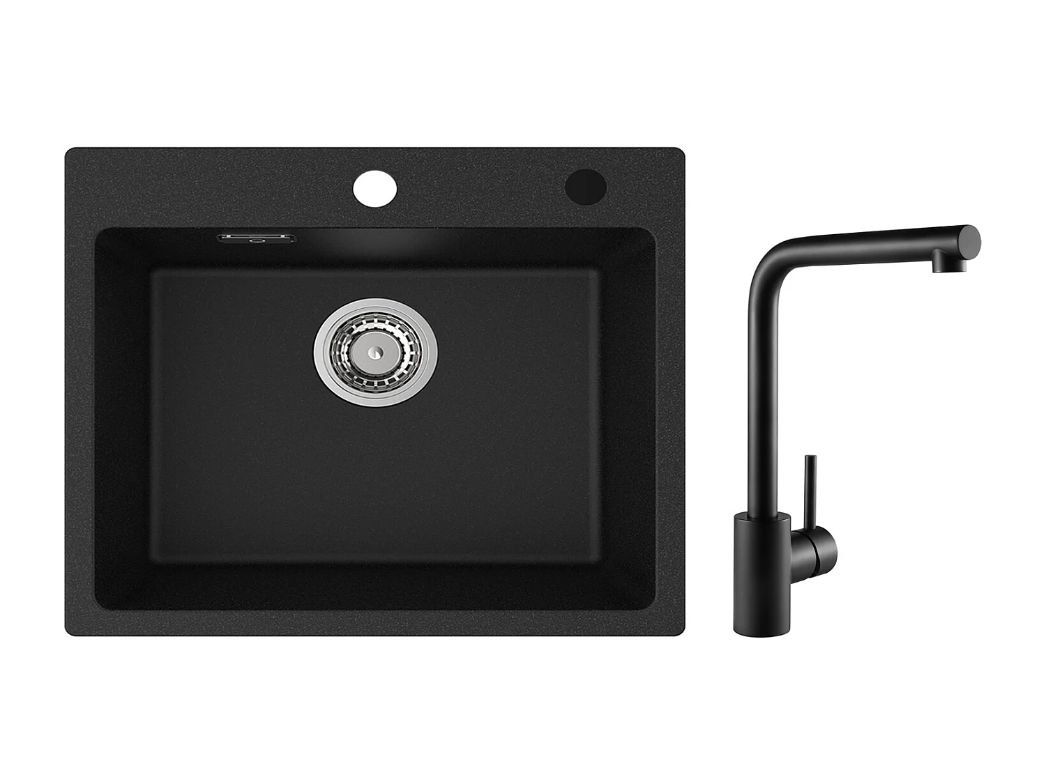 Cecipa MAX Evier 1 Bac 50x45cm Evier en Quartz et Résine Evier à Encastrer + Mitigeur de Evier Noir Rrotatif à 360 °