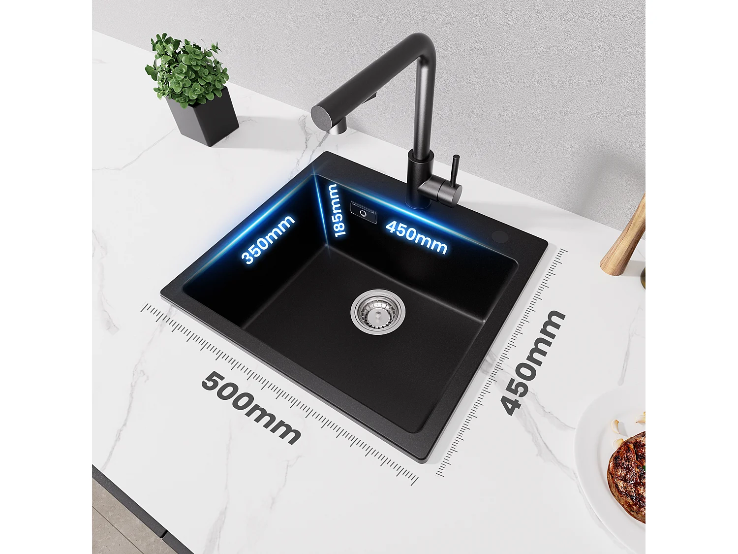 Cecipa MAX Evier 1 Bac 50x45cm Evier en Quartz et Résine Evier à Encastrer + Mitigeur de Evier Noir Rrotatif à 360 °