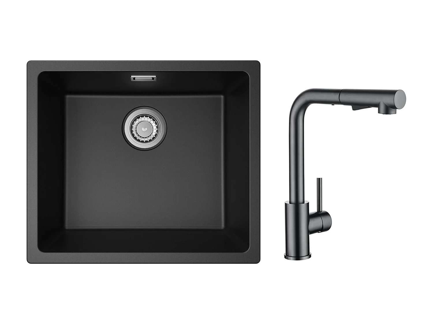 Lavello 1 Vasca in Quarzo e Resina, 3 Possibilità di Montaggio, 50*44*20cm + Miscelatore Cucina Con Doccia Estraibile