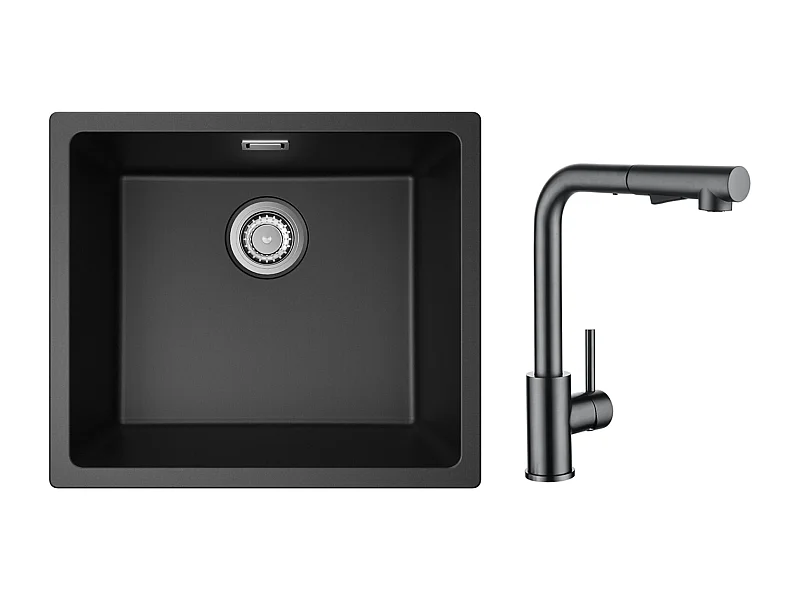 Evier 1 Bac en Quartz et Résine, 3 Options de Montage, 50*44*20cm + Mitigeur Cuisine Avec Douchette Extractible