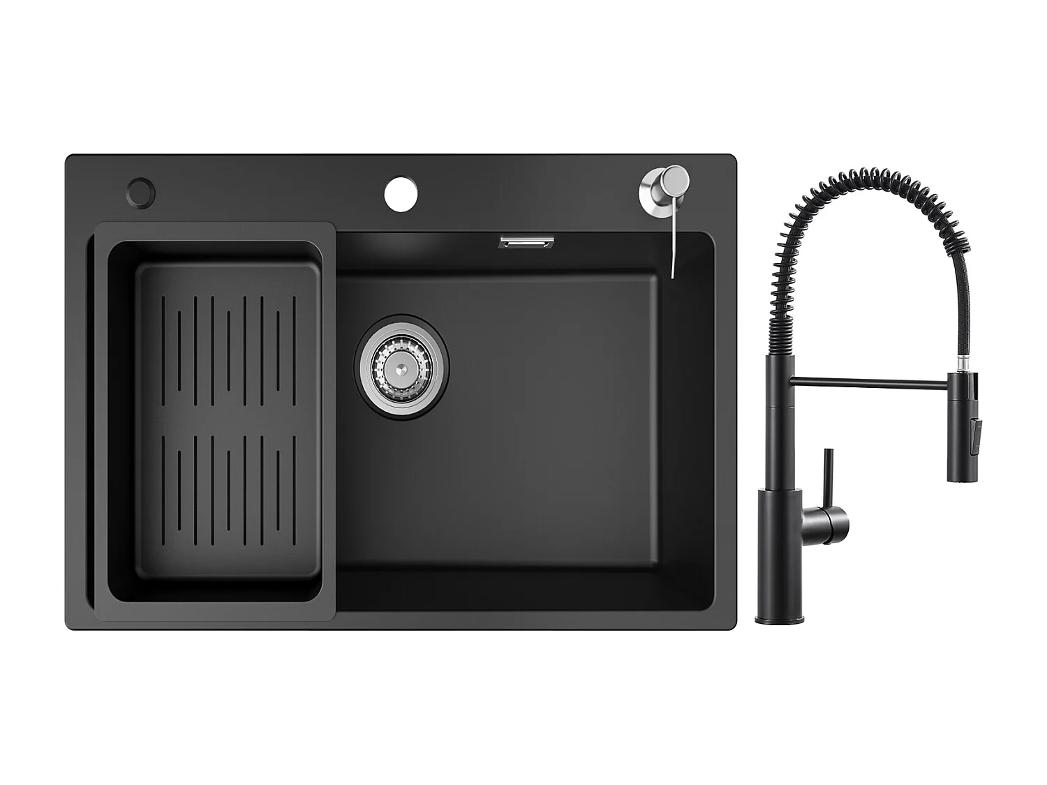 Cecipa max Evier 70x45cm en Quartz et Résine avec Panier de Vidange et Distributeur de Savon+Mitigeur de Cuisine à Ressort avec Douchette Extractible