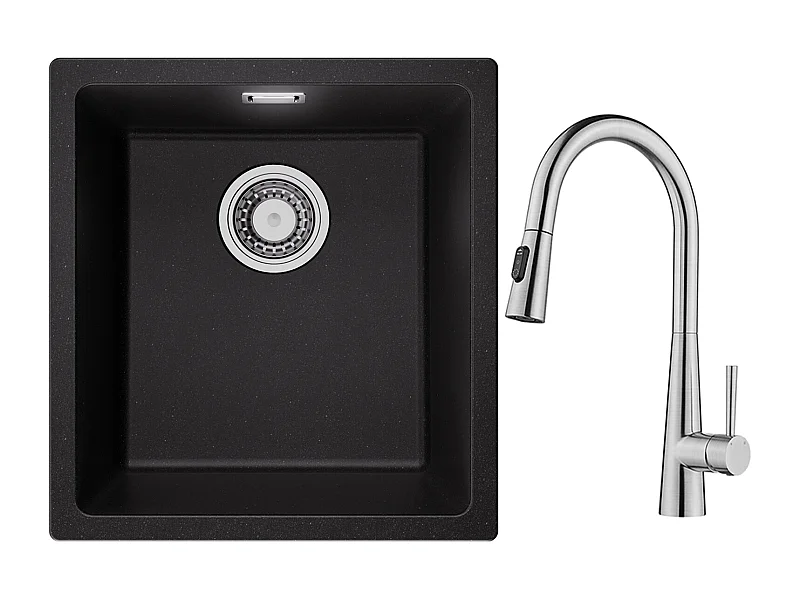 CECIPA MAX Evier 1 Bac en Quartz et Résine Noir Gris 40*44*20cm + Mitigeur de Cuisine avec Douchette Extractible Avec 3 Modes de Sortie D'eau Brossé