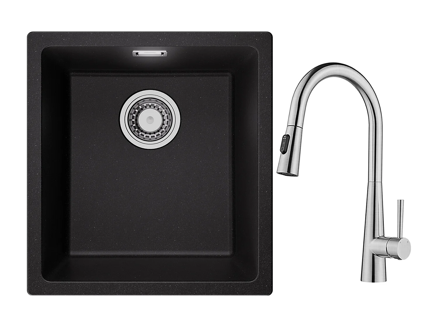 CECIPA MAX Evier 1 Bac en Quartz et Résine Noir Gris 40*44*20cm + Mitigeur de Cuisine avec Douchette Extractible Avec 3 Modes de Sortie D'eau Brossé