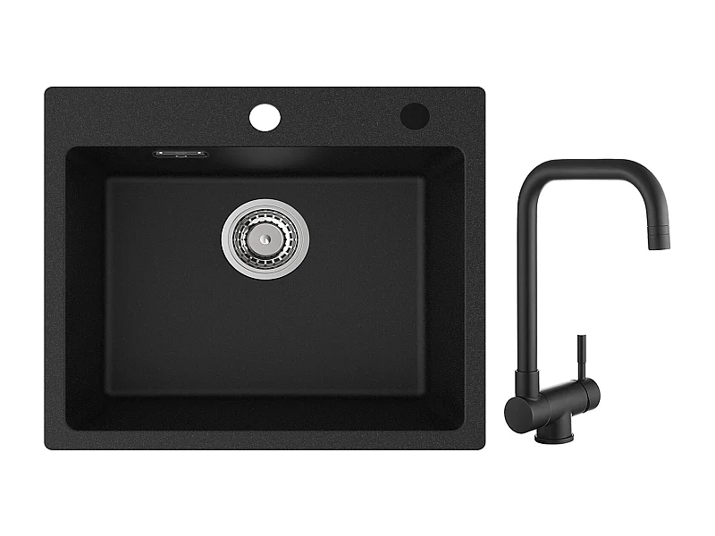 Cecipa max Fregadero de cuarzo negro 50x45 cm Fregadero de cuarzo de 1 seno Fregadero de cocina de granito + grifo de cocina plegable Mezclador bajo ventana negro