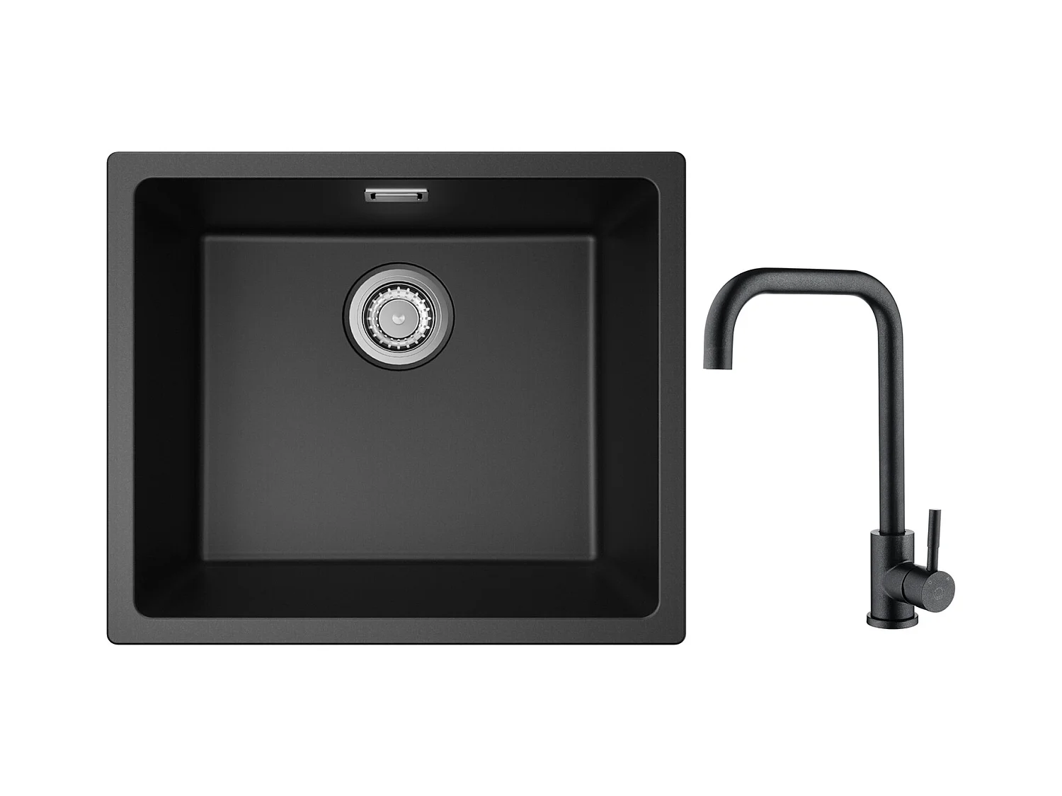 Evier 1 Bac en Quartz et Résine, 3 Options de Montage, 50*44*20cm + Mitigeur de Cuisine en Inox Noir étoilé avec Bec Haut et Incurvé